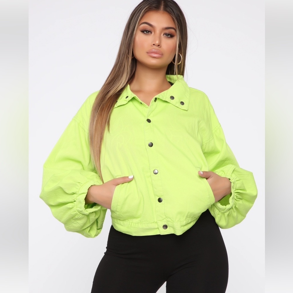 RARE 90s Fashion Nova Lime Green Cropped puff Bomber Jacket Balloon Sleeves XS - Picture 9 of 11